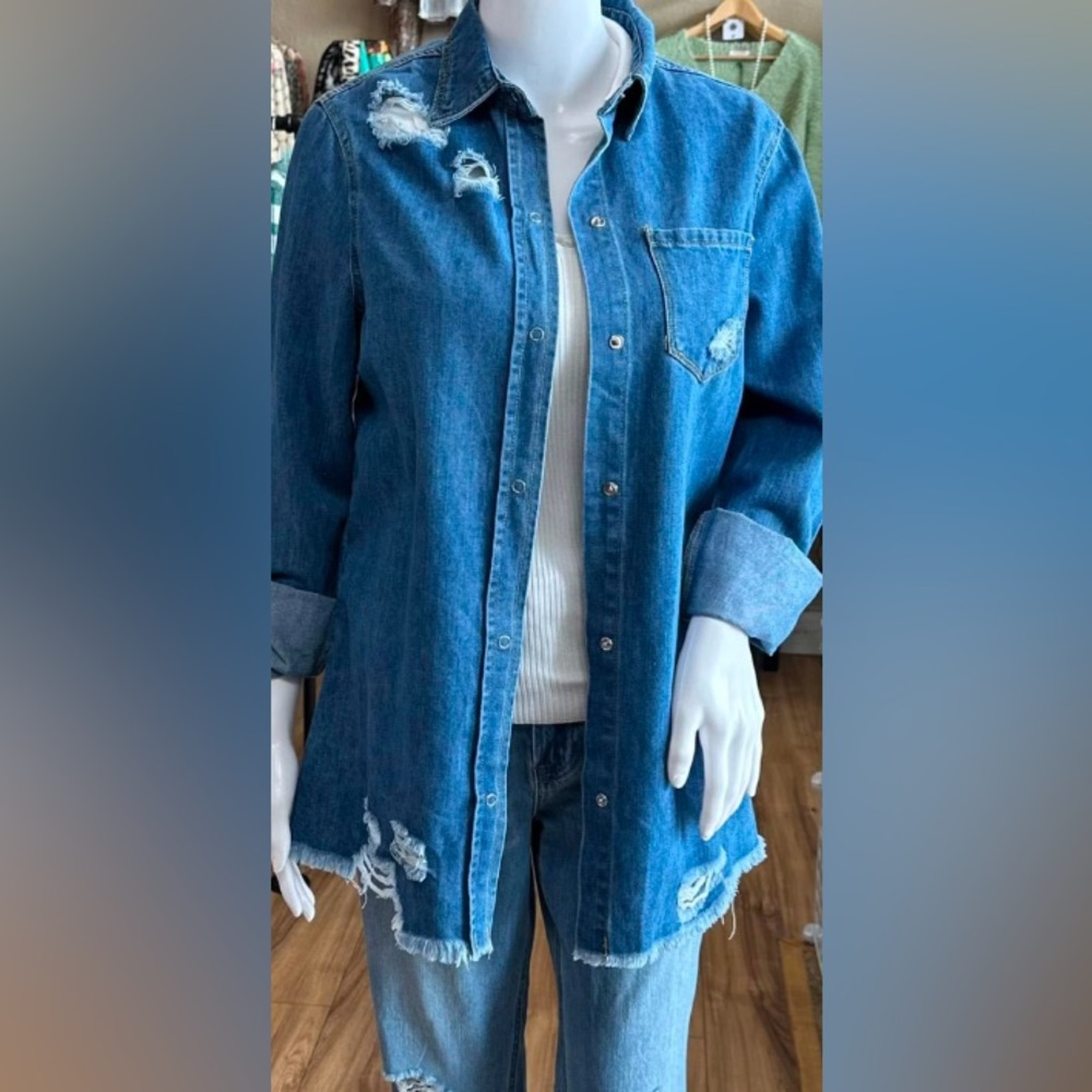 Blue Distressed Denim Shirt/Shacket